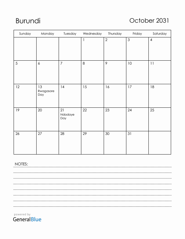 October 2031 Burundi Calendar with Holidays (Sunday Start)