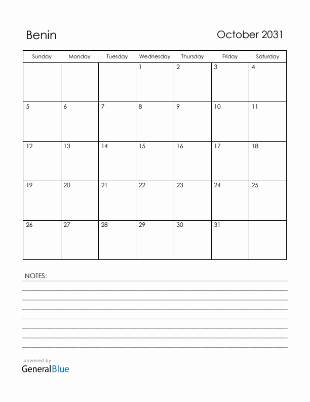 October 2031 Benin Calendar with Holidays (Sunday Start)
