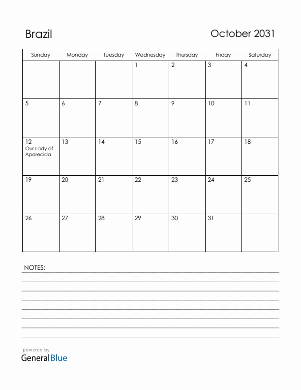 October 2031 Brazil Calendar with Holidays (Sunday Start)