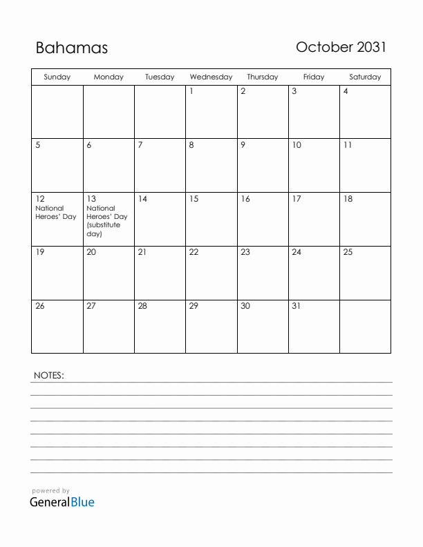 October 2031 Bahamas Calendar with Holidays (Sunday Start)