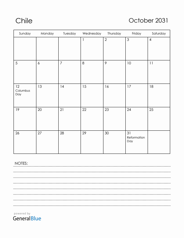 October 2031 Chile Calendar with Holidays (Sunday Start)