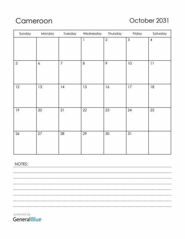 October 2031 Cameroon Calendar with Holidays (Sunday Start)
