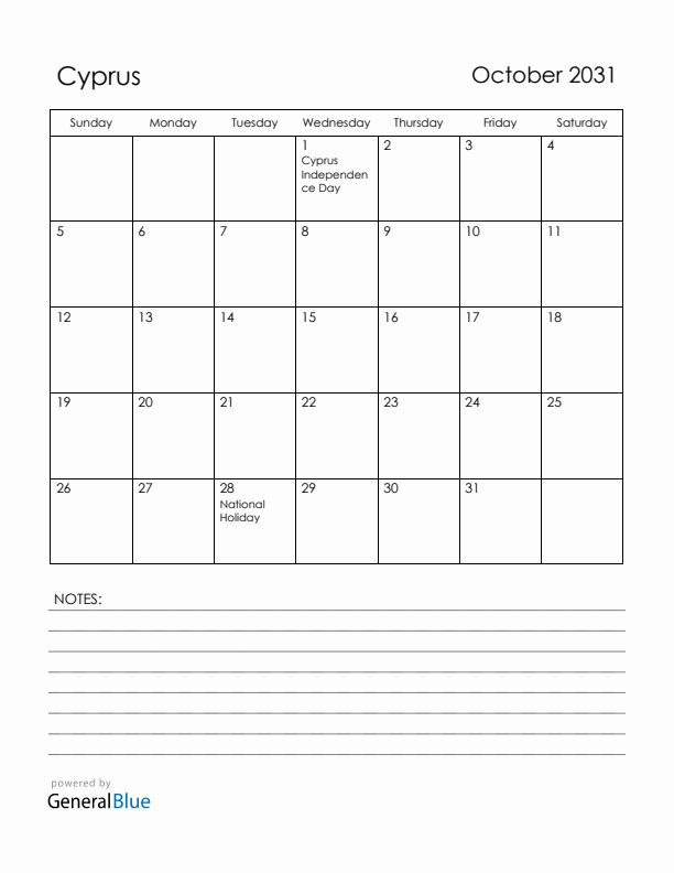 October 2031 Cyprus Calendar with Holidays (Sunday Start)