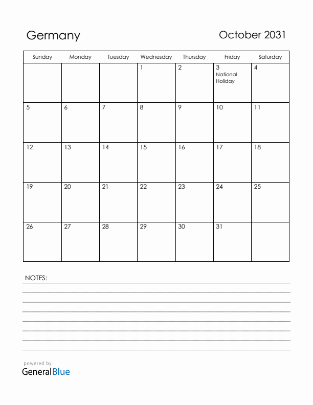 October 2031 Germany Calendar with Holidays (Sunday Start)