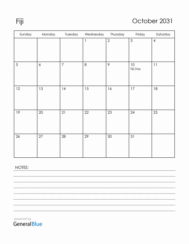 October 2031 Fiji Calendar with Holidays (Sunday Start)