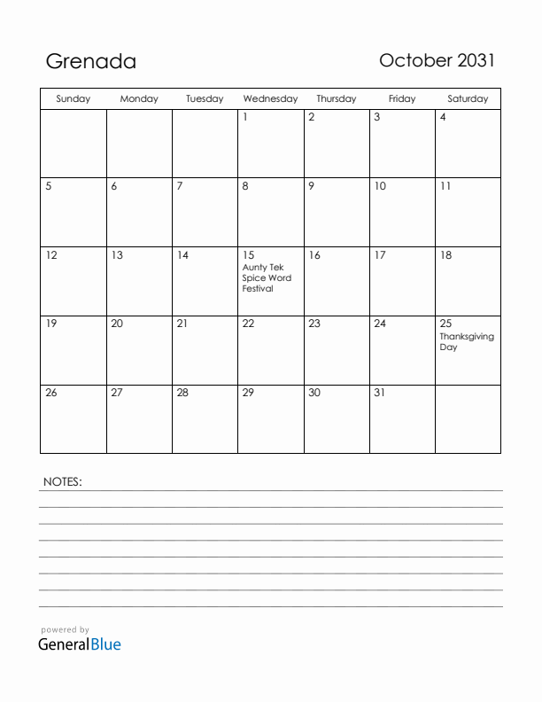 October 2031 Grenada Calendar with Holidays (Sunday Start)