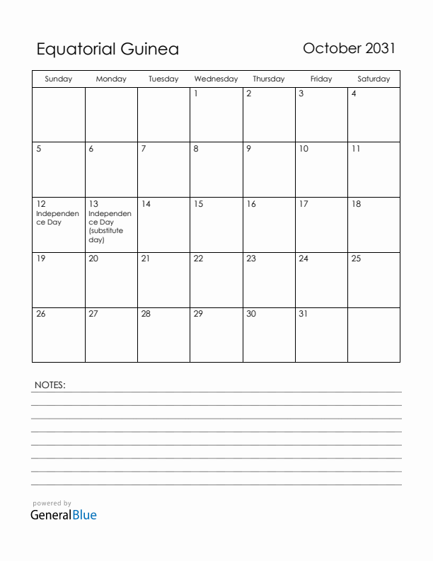 October 2031 Equatorial Guinea Calendar with Holidays (Sunday Start)
