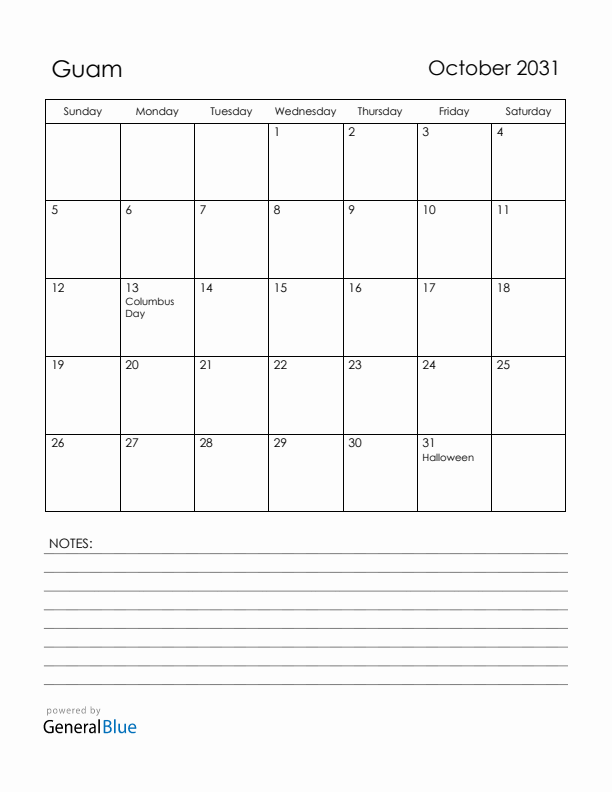 October 2031 Guam Calendar with Holidays (Sunday Start)