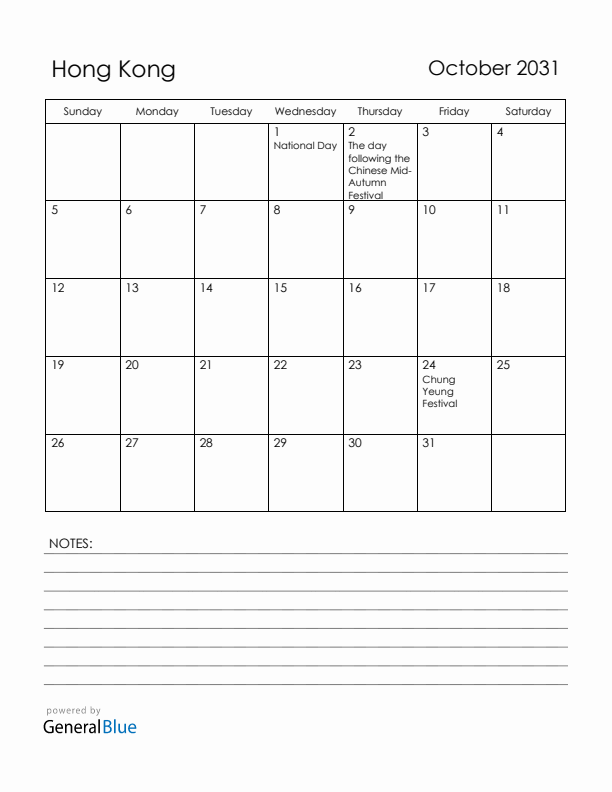 October 2031 Hong Kong Calendar with Holidays (Sunday Start)