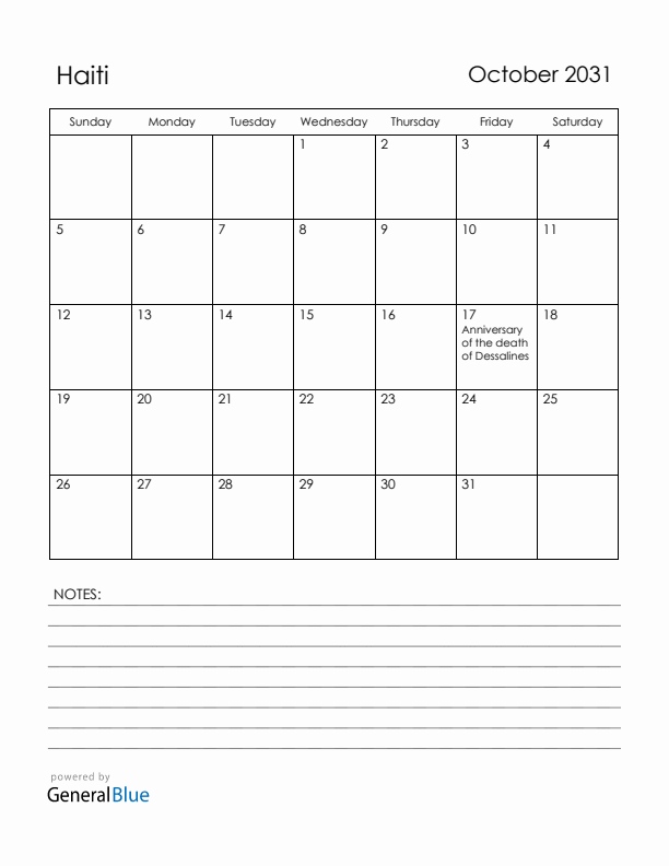 October 2031 Haiti Calendar with Holidays (Sunday Start)