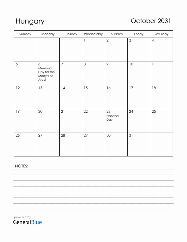 October 2031 Hungary Calendar with Holidays (Sunday Start)