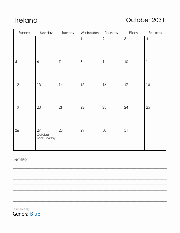 October 2031 Ireland Calendar with Holidays (Sunday Start)