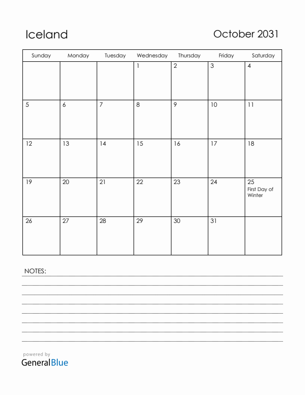 October 2031 Iceland Calendar with Holidays (Sunday Start)