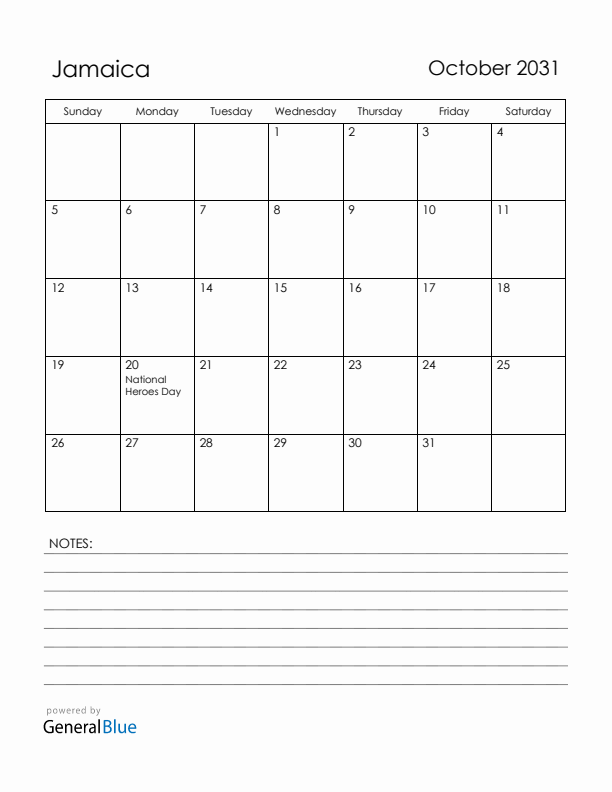 October 2031 Jamaica Calendar with Holidays (Sunday Start)