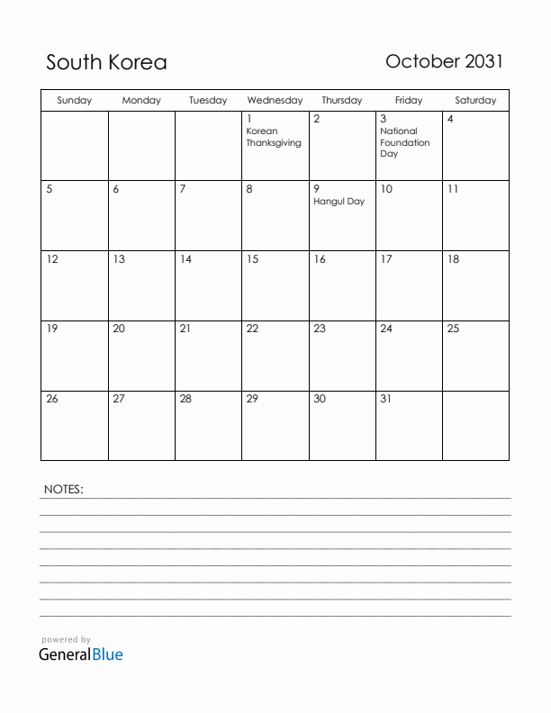 October 2031 South Korea Calendar with Holidays (Sunday Start)