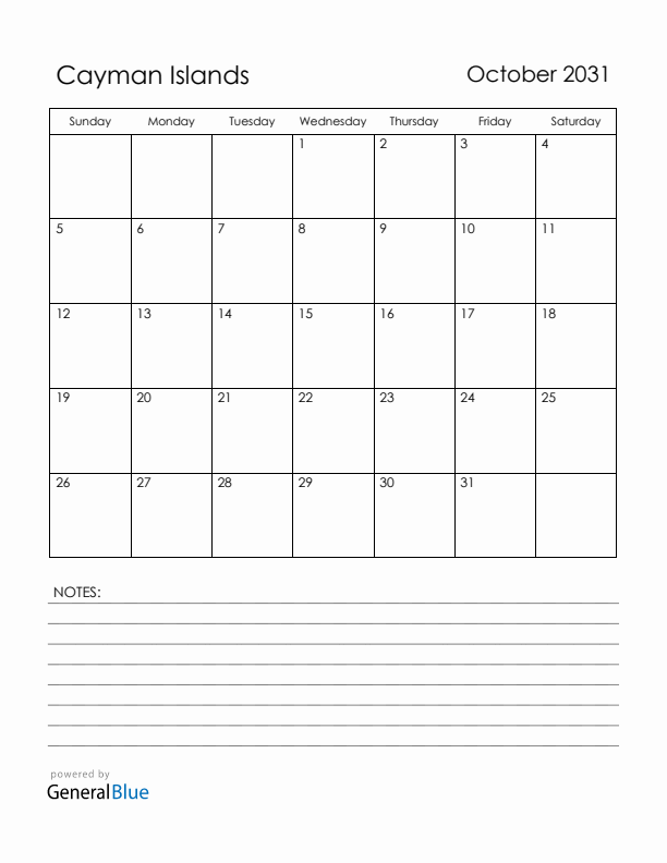 October 2031 Cayman Islands Calendar with Holidays (Sunday Start)