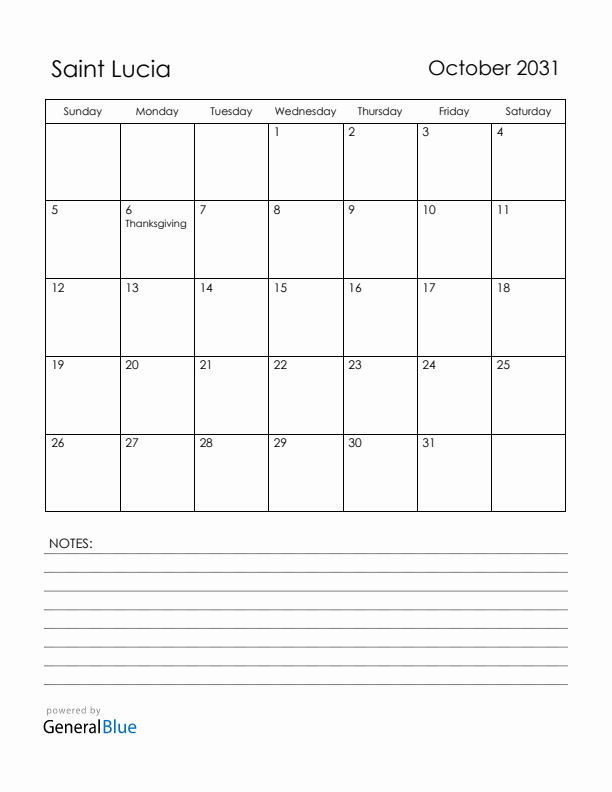 October 2031 Saint Lucia Calendar with Holidays (Sunday Start)