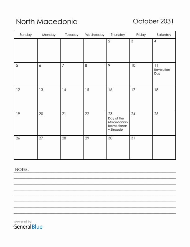 October 2031 North Macedonia Calendar with Holidays (Sunday Start)