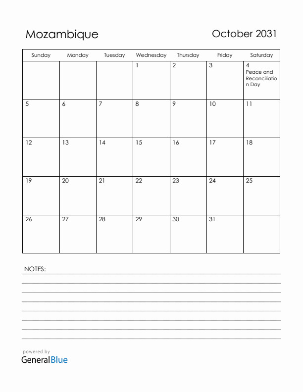 October 2031 Mozambique Calendar with Holidays (Sunday Start)