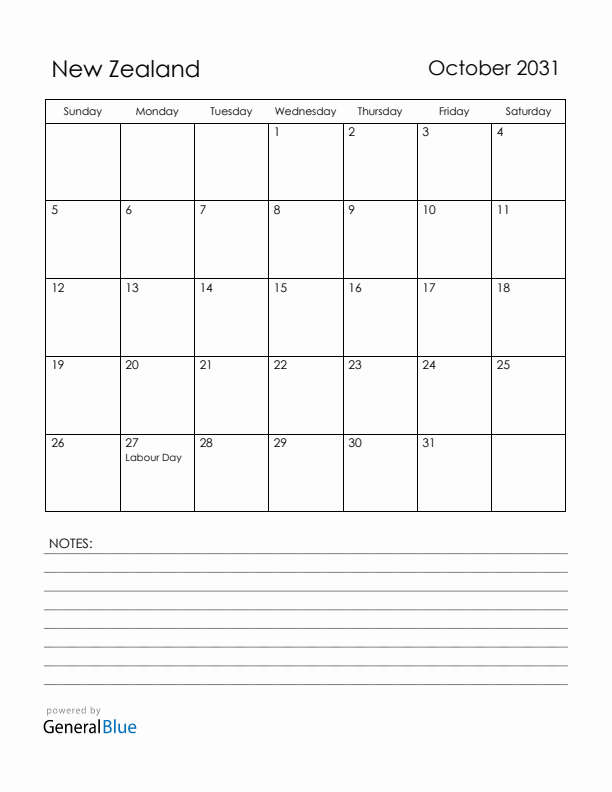 October 2031 New Zealand Calendar with Holidays (Sunday Start)