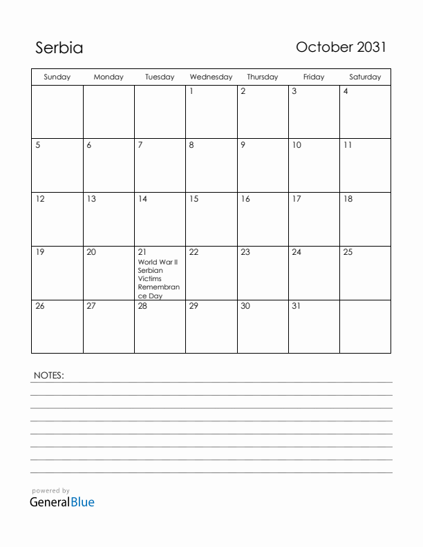 October 2031 Serbia Calendar with Holidays (Sunday Start)