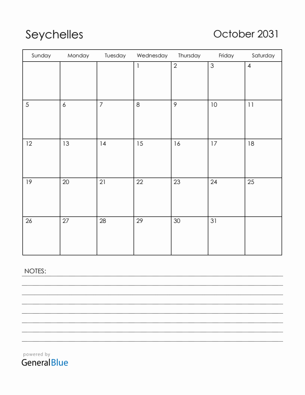 October 2031 Seychelles Calendar with Holidays (Sunday Start)