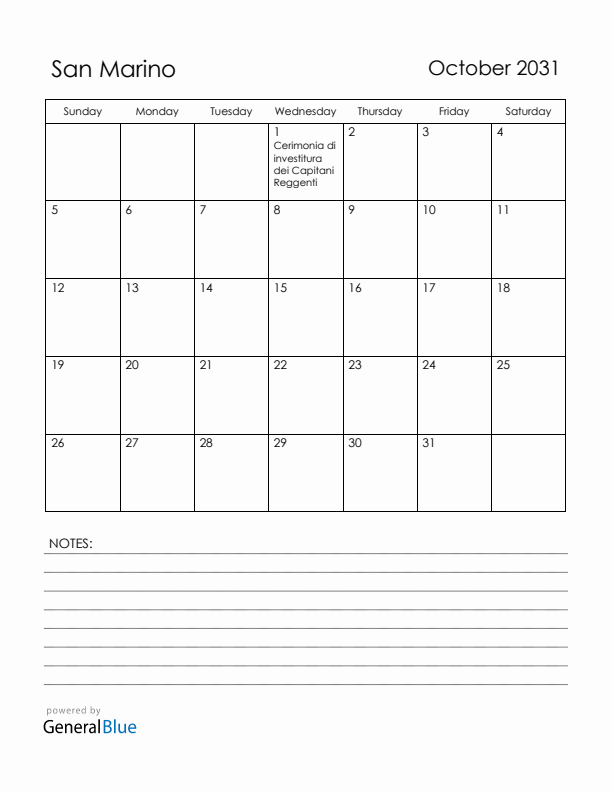 October 2031 San Marino Calendar with Holidays (Sunday Start)