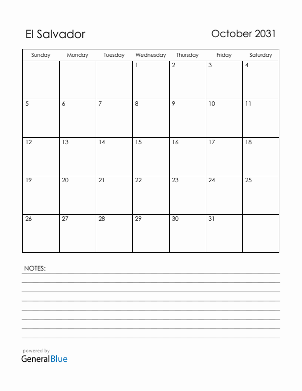October 2031 El Salvador Calendar with Holidays (Sunday Start)
