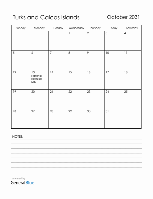 October 2031 Turks and Caicos Islands Calendar with Holidays (Sunday Start)