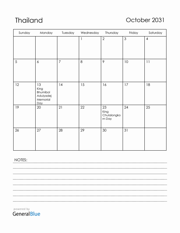 October 2031 Thailand Calendar with Holidays (Sunday Start)