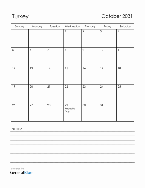 October 2031 Turkey Calendar with Holidays (Sunday Start)