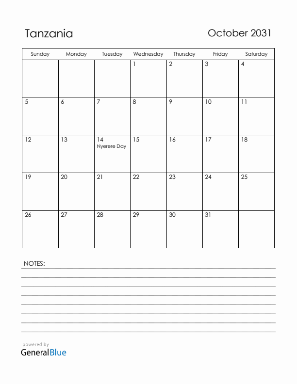 October 2031 Tanzania Calendar with Holidays (Sunday Start)