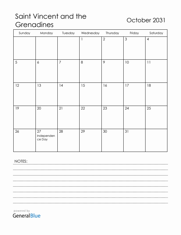 October 2031 Saint Vincent and the Grenadines Calendar with Holidays (Sunday Start)