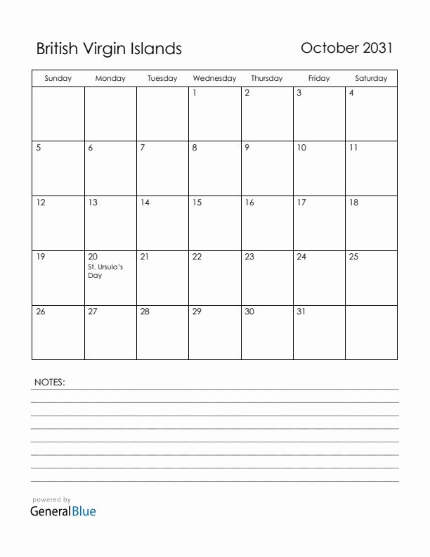 October 2031 British Virgin Islands Calendar with Holidays (Sunday Start)