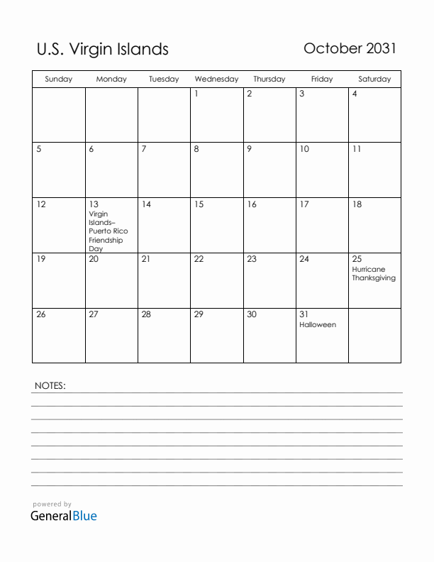 October 2031 U.S. Virgin Islands Calendar with Holidays (Sunday Start)