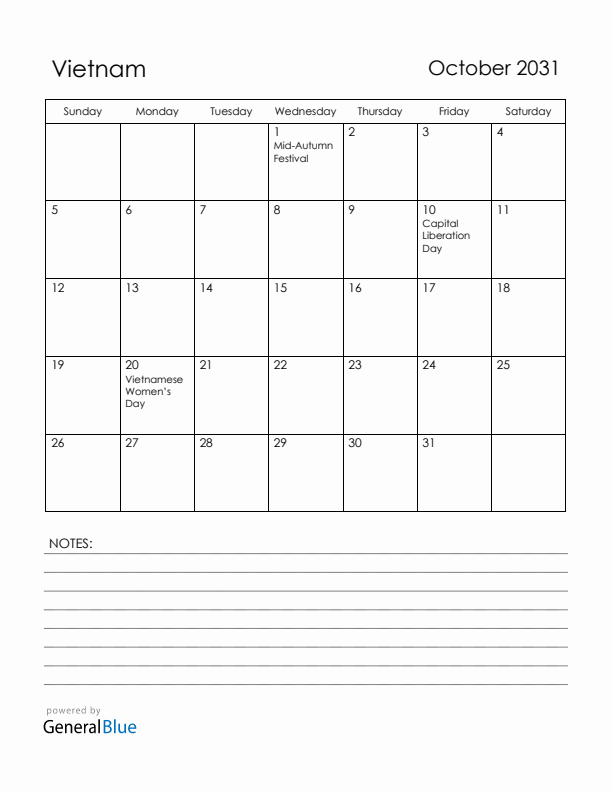 October 2031 Vietnam Calendar with Holidays (Sunday Start)