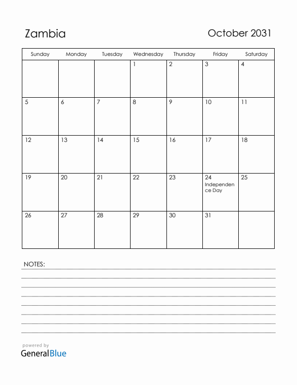 October 2031 Zambia Calendar with Holidays (Sunday Start)