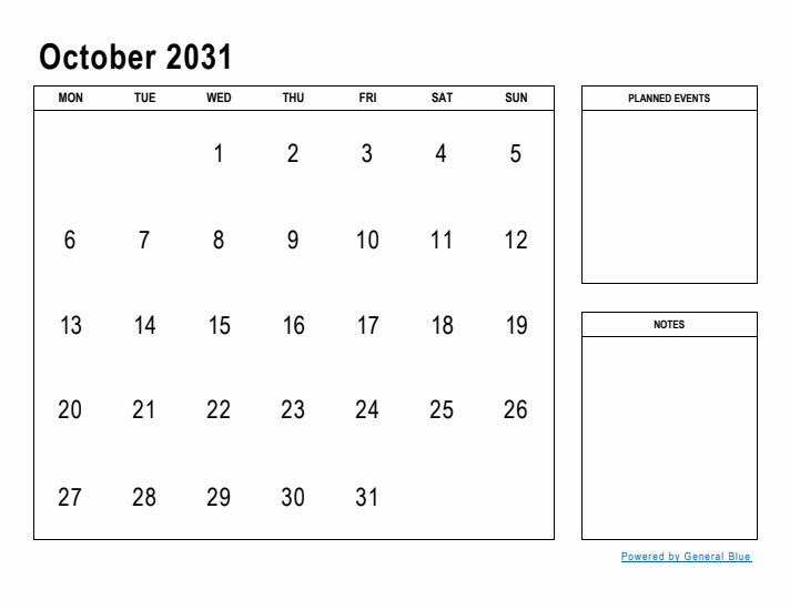 October 2031 Calendar Planner