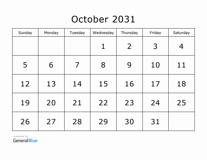 Printable October 2031 Calendar - Sunday Start