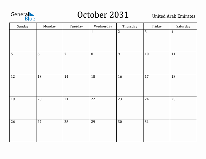 October 2031 Calendar United Arab Emirates