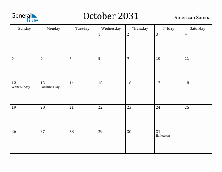 October 2031 Calendar American Samoa