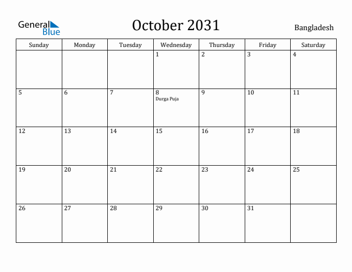 October 2031 Calendar Bangladesh