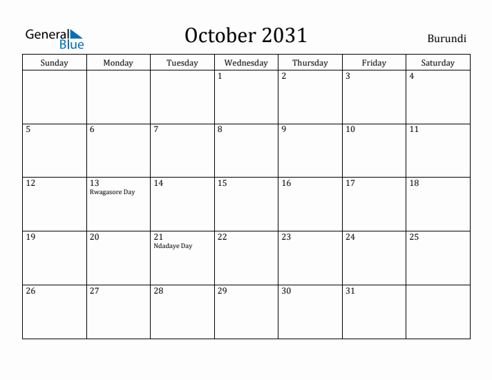 October 2031 Calendar Burundi