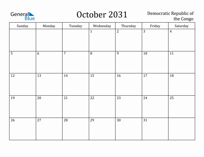 October 2031 Calendar Democratic Republic of the Congo