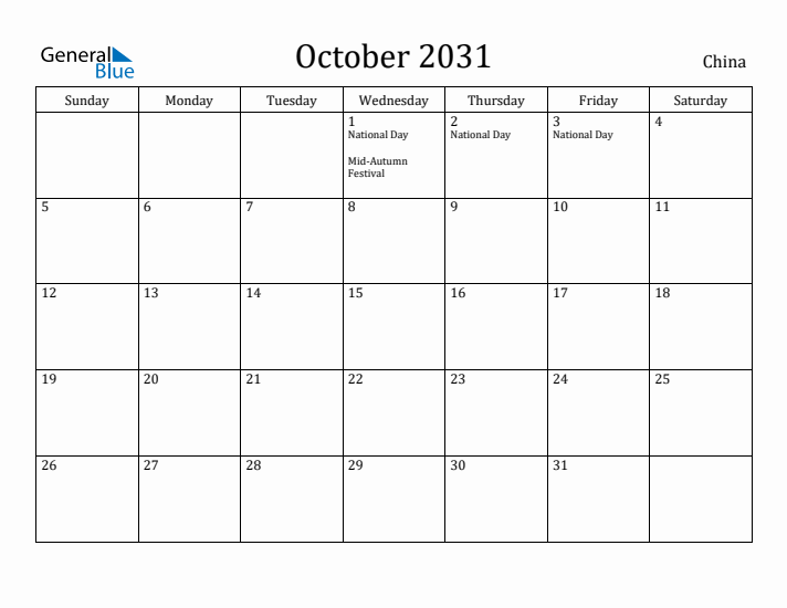 October 2031 Calendar China