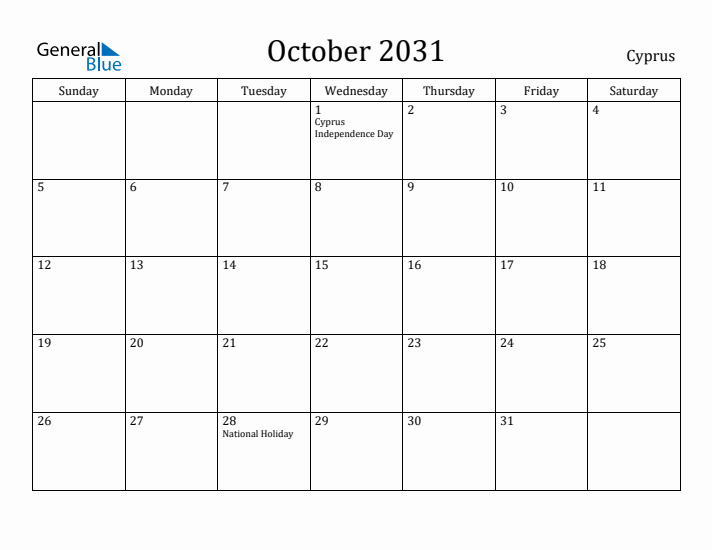 October 2031 Calendar Cyprus