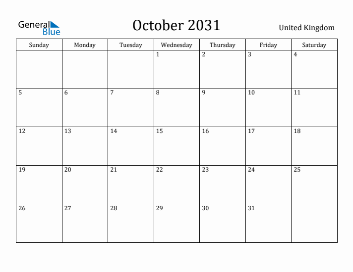 October 2031 Calendar United Kingdom