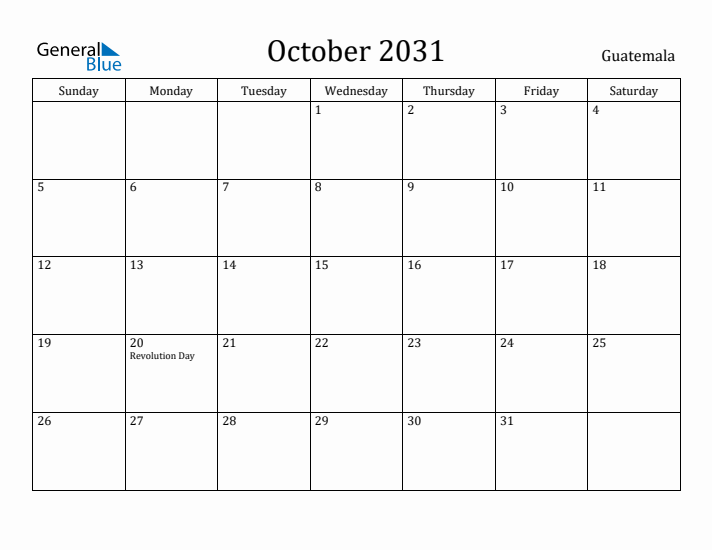 October 2031 Calendar Guatemala