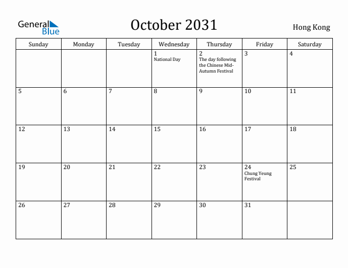October 2031 Calendar Hong Kong