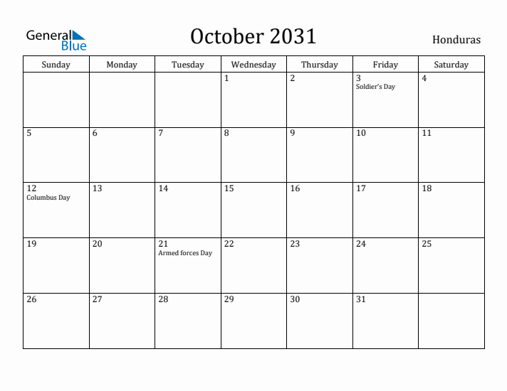 October 2031 Calendar Honduras